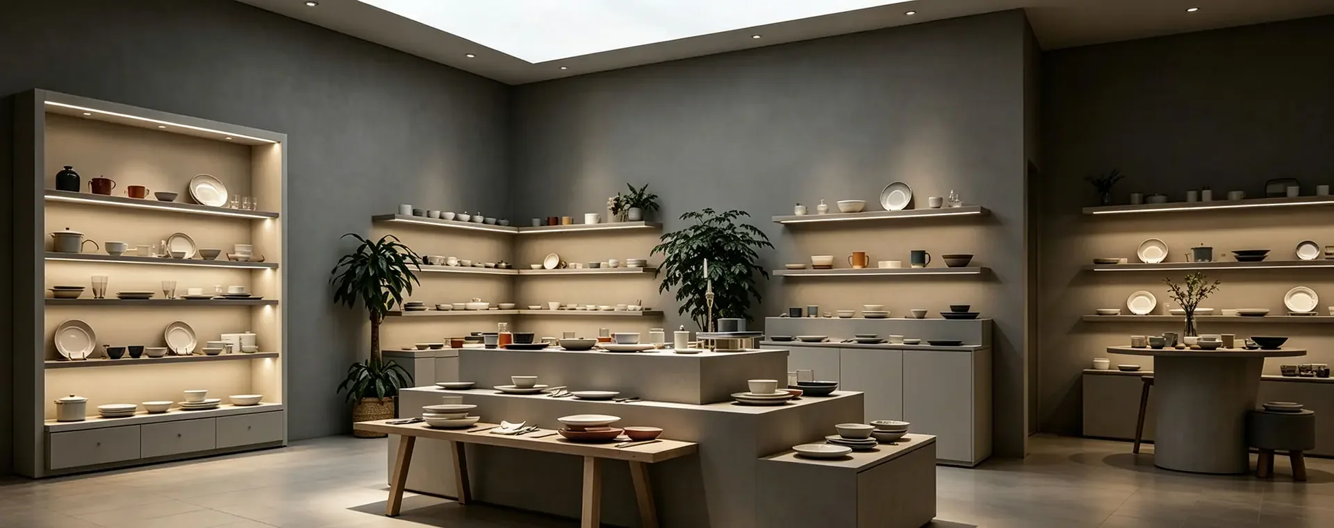 Ceramic works displayed on shelves in a contemporary gallery