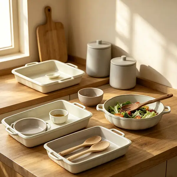 Chalk-white ceramic bakers on a wooden table