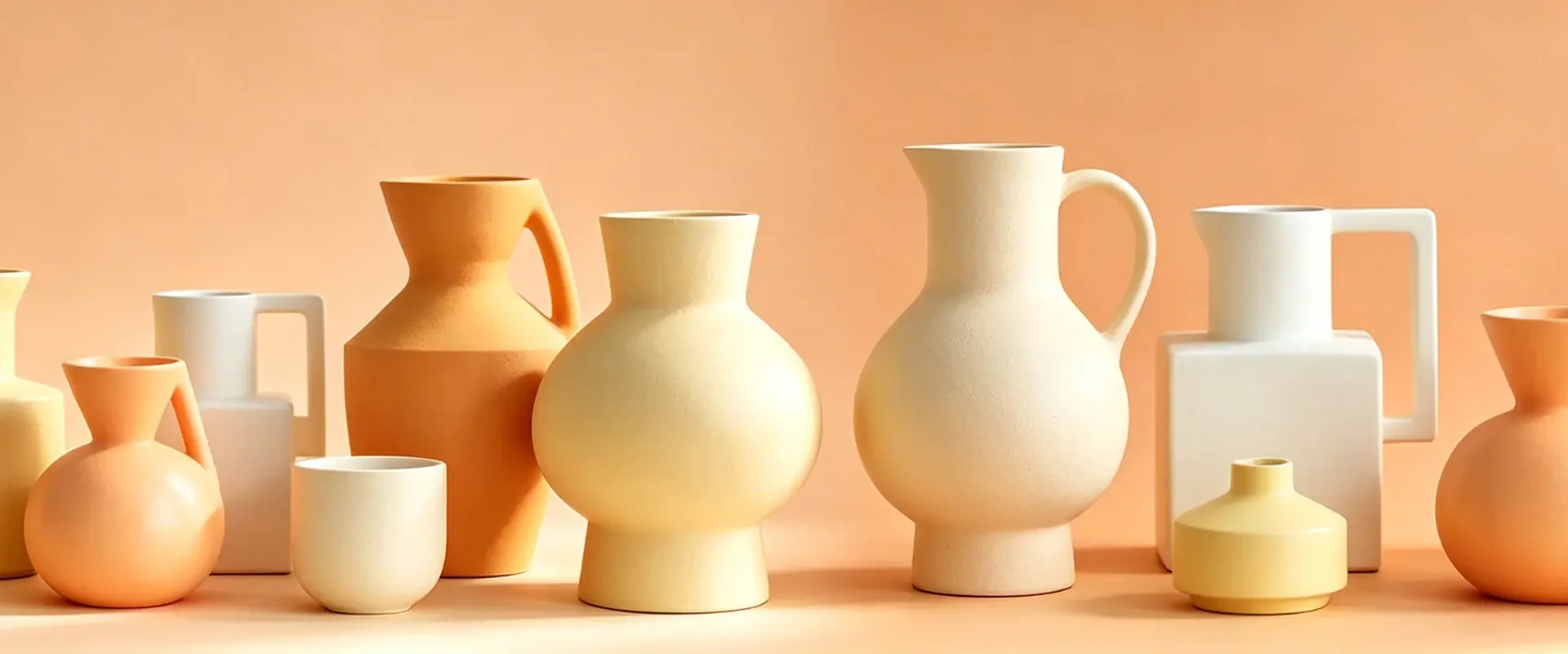 A row of cream ceramic vases and pitchers